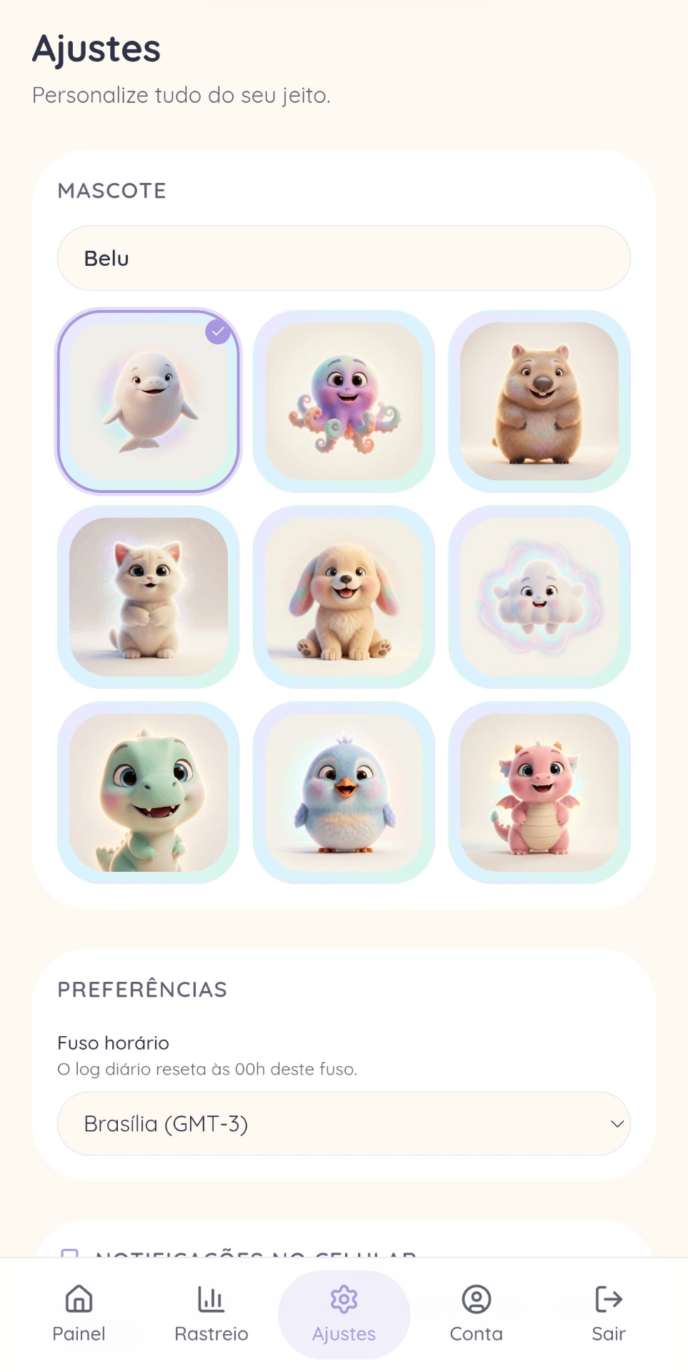 Tela de Ajustes mostrando seleção de mascote, fuso horário e preferências