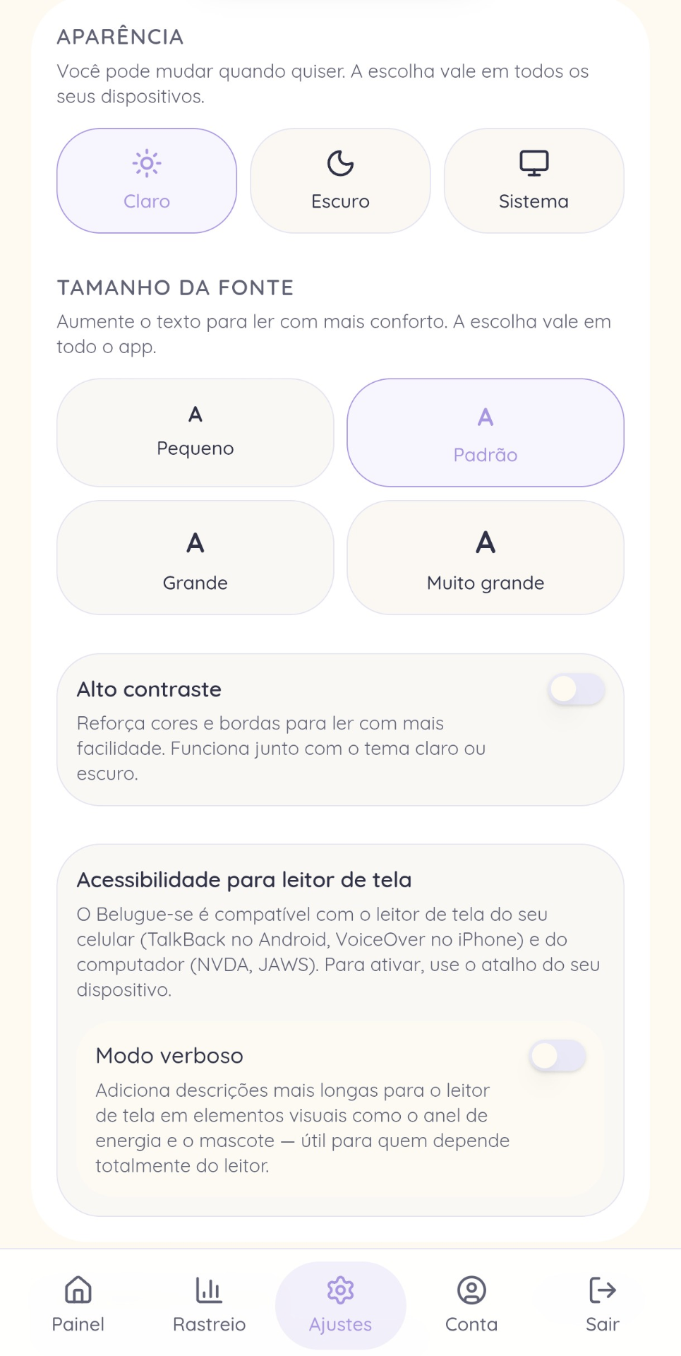 Tela de ajustes de acessibilidade com escolha de tema, tamanho de fonte e leitor de tela