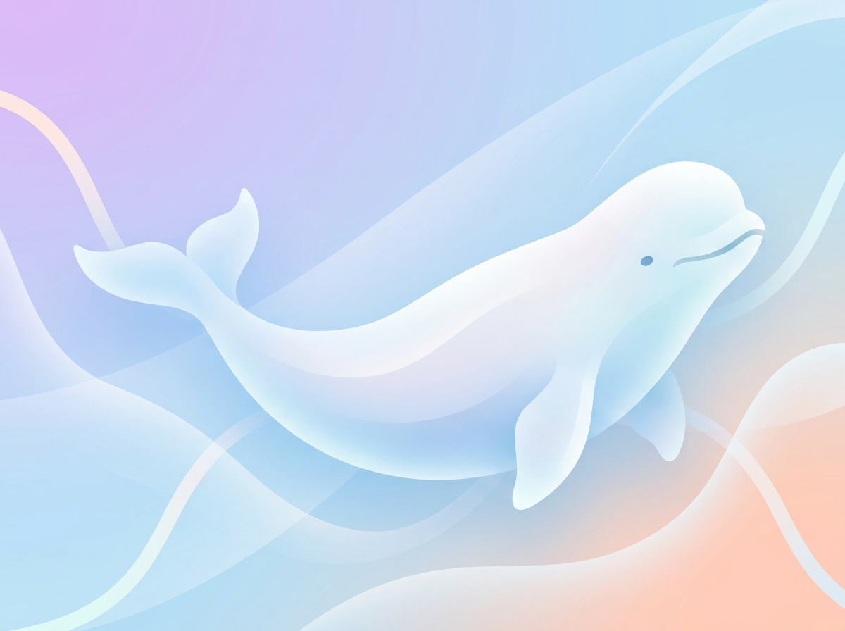 Ilustração suave de uma beluga branca nadando entre correntes de água pastel