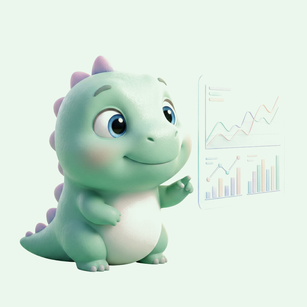 Dinossauro mascote analisando um gráfico de dados em tons pastel