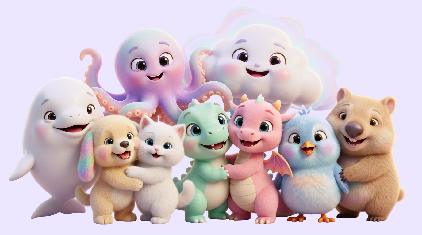 Os nove mascotes do Belugue-se se abraçando, felizes