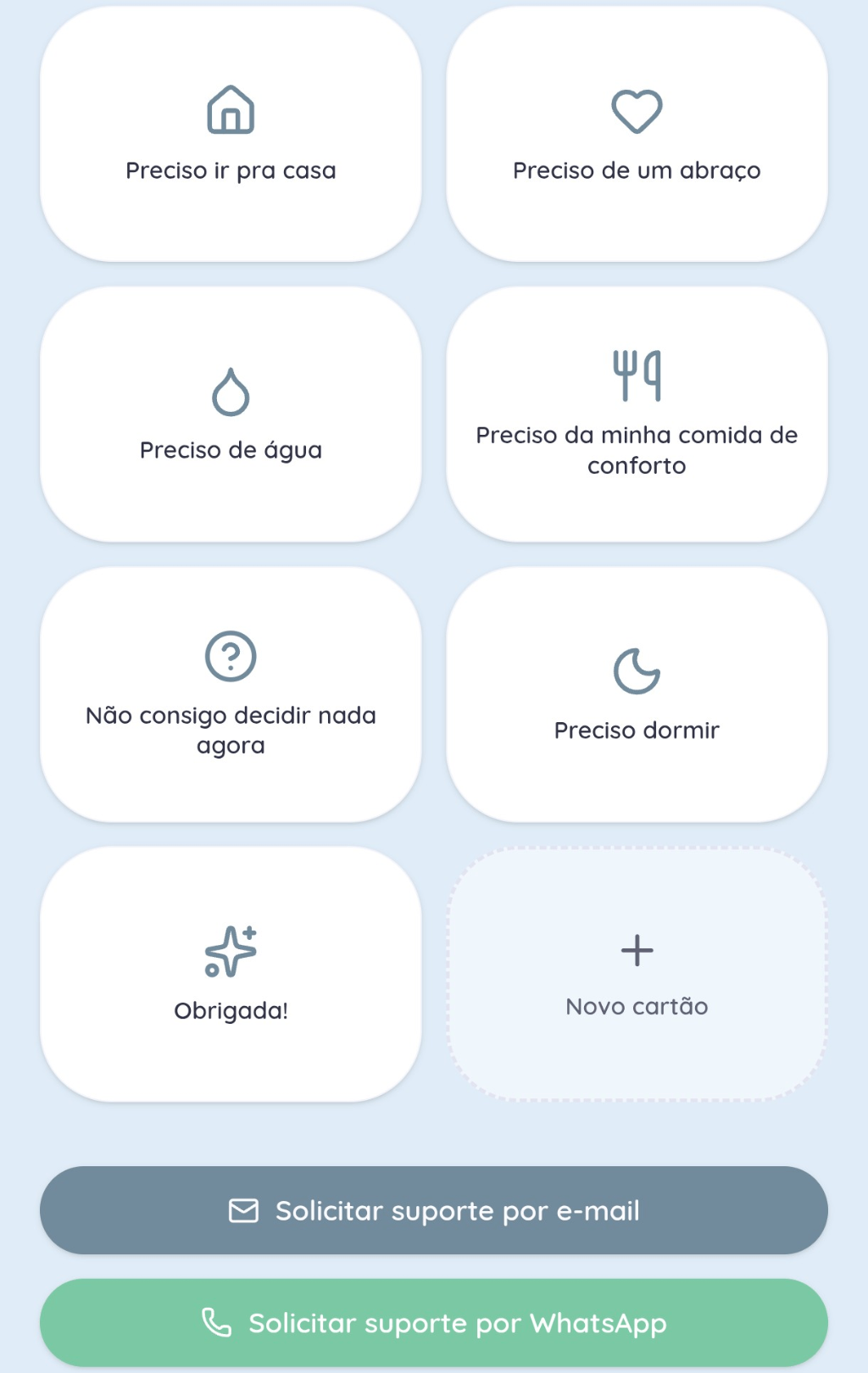 Cartões de comunicação não-verbal e botões de solicitação de suporte por e-mail e WhatsApp