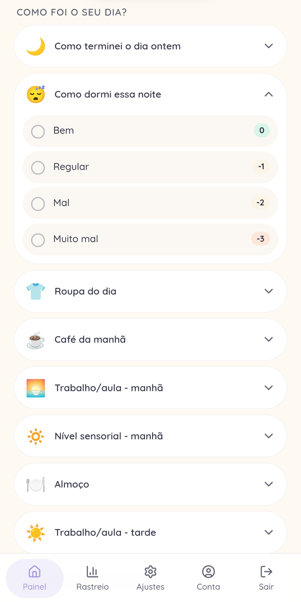 Painel mostrando categorias de registro do dia: como dormi, roupa do dia, café da manhã, trabalho/aula, nível sensorial e almoço, com opções pré-definidas e custos de energia