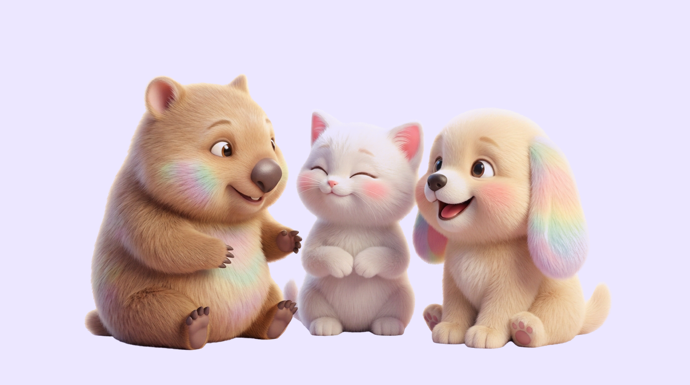 Wombat, gato e cachorro mascotes conversando felizes